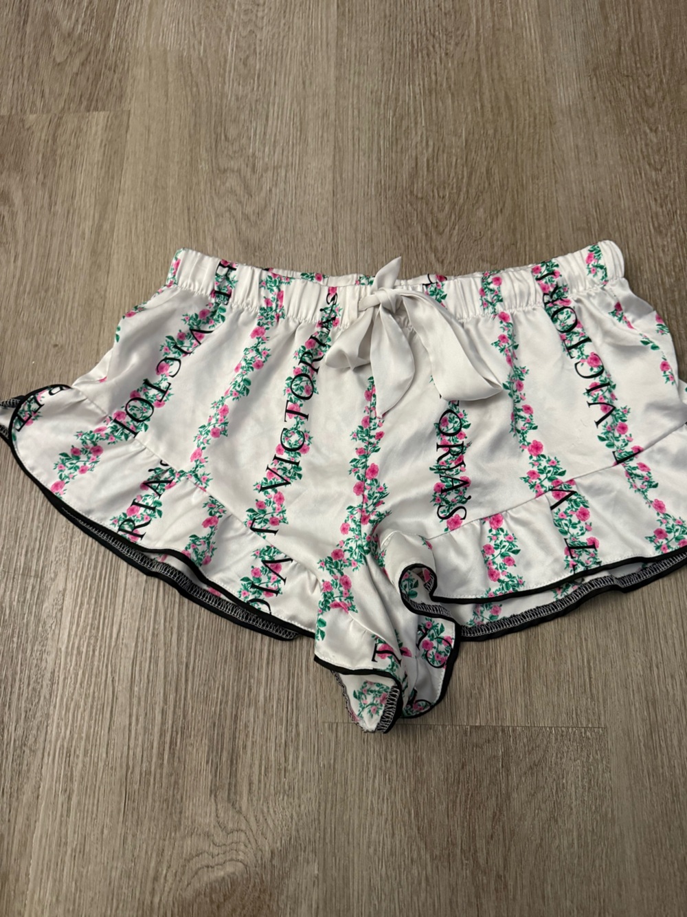 Victoria's Secret White Floral Logo Satin Sleep Shorts S